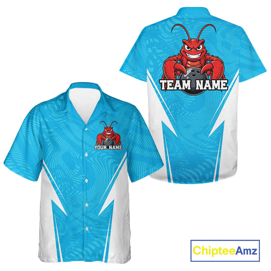 Front and back views of a blue custom bowling button-up shirt featuring a funny aggressive crawfish holding a bowling ball in a sporty design style.