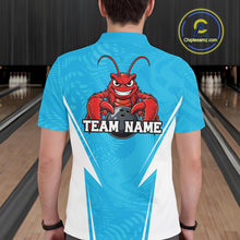 Load image into Gallery viewer, Back view of a male model in a bowling alley wearing a blue custom bowling polo shirt with a funny aggressive crawfish holding a bowling ball in a sportswear-style design.