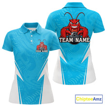 Load image into Gallery viewer, Front and back views of a blue custom women's bowling polo shirt featuring a funny aggressive crawfish holding a bowling ball in a sportswear-style design.