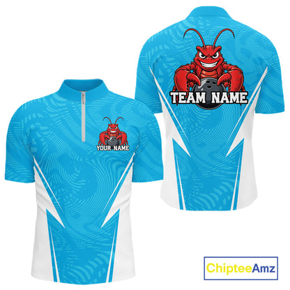 Front and back views of a blue custom quarter-zip bowling shirt featuring a funny aggressive crawfish holding a bowling ball in a sportswear-style design.