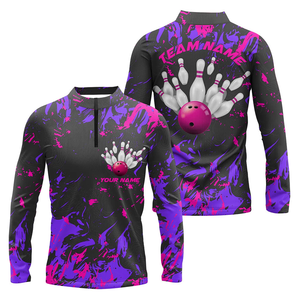 Purple And Pink Camo Custom Men Long Sleeve Quarter-Zip Shirts Bowling League Shirts IPHW5365