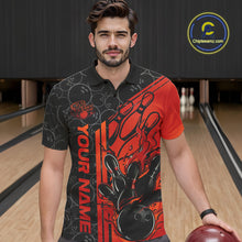 Load image into Gallery viewer, Custom Black And Red Orange Flame Bowling Polo Shirts For Men, Bowling Pattern Shirt IPHW9271