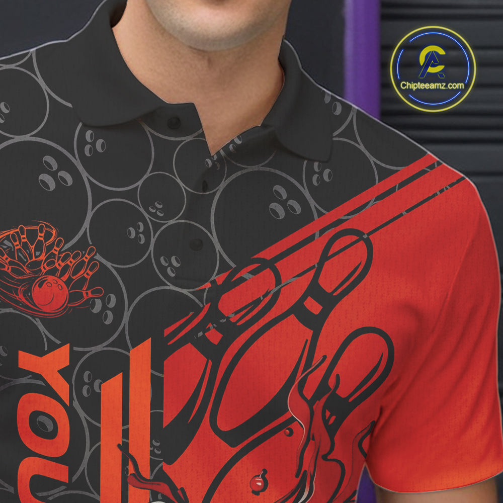Custom Black And Red Orange Flame Bowling Polo Shirts For Men, Bowling Pattern Shirt IPHW9271