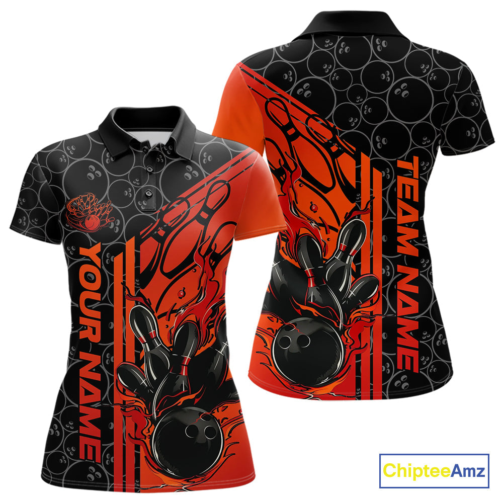 Custom Black And Red Orange Flame Bowling Polo Shirts For Women, Bowling Pattern Shirt IPHW9271