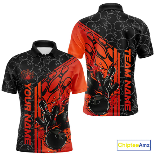 Custom Black And Red Orange Flame Bowling Polo Shirts For Men, Bowling Pattern Shirt IPHW9271
