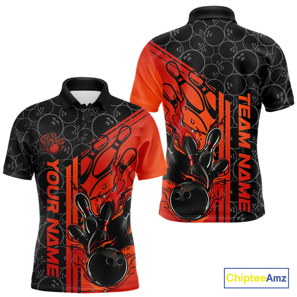 Custom Black And Red Orange Flame Bowling Polo Shirts For Men, Bowling Pattern Shirt IPHW9271