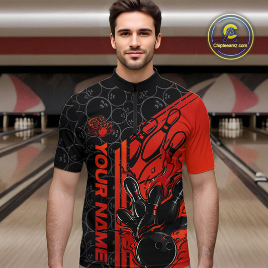 Custom Black And Red Orange Flame Bowling Quarter-Zip Shirts For Men, Bowling Pattern Shirt IPHW9271