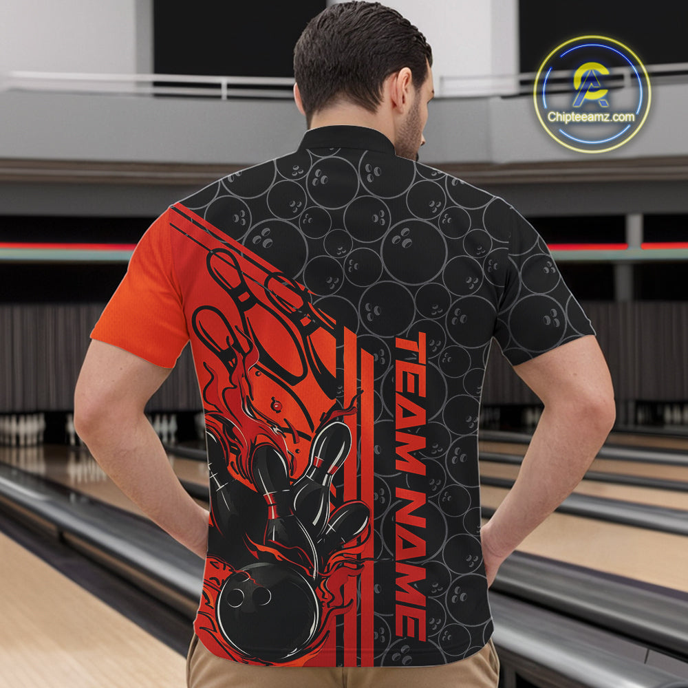 Custom Black And Red Orange Flame Bowling Quarter-Zip Shirts For Men, Bowling Pattern Shirt IPHW9271