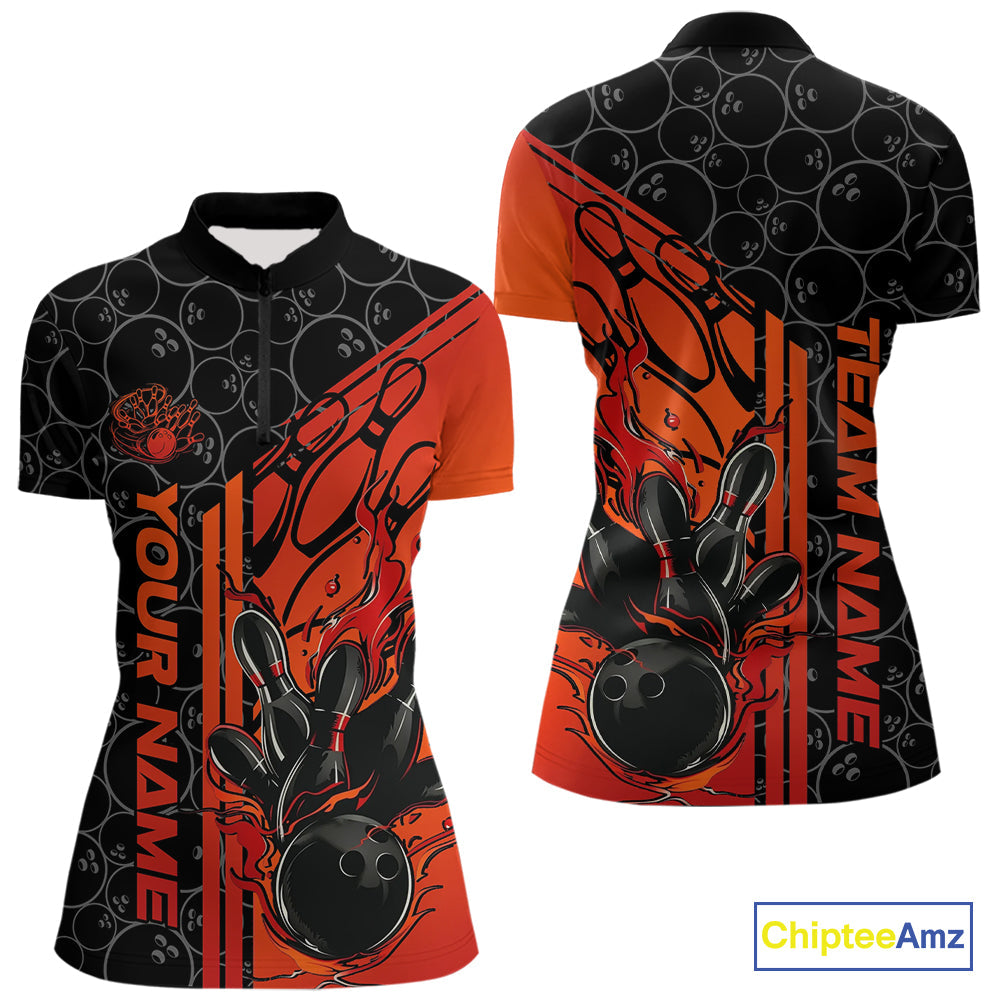 Custom Black And Red Orange Flame Bowling Women Quarter-Zip Shirt, Bowling Pattern Shirt IPHW9271