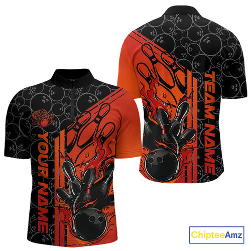 Custom Black And Red Orange Flame Bowling Quarter-Zip Shirts For Men, Bowling Pattern Shirt IPHW9271