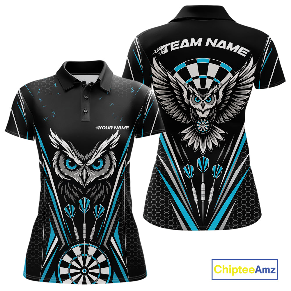 Custom Black And Blue Owl Darts Polo Shirts For Women, Darts Team Jerseys IPHW11723
