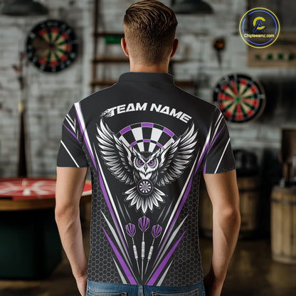 Custom Black And Purple Owl Darts Polo Shirts For Men, Darts Team Jerseys IPHW11724