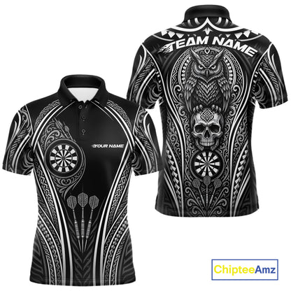 Custom Black And White Tribal Owl And Skull Darts Men Polo Shirt, Halloween Darts Outfit IPHW11728