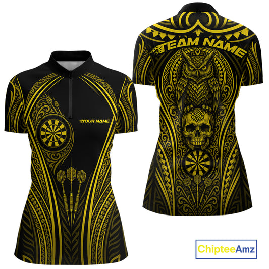 Custom Black And Yellow Tribal Owl And Skull Halloween Darts Women Quarter-Zip Shirt IPHW11730