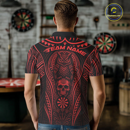 Custom Black And Red Tribal Owl And Skull Darts Men Polo Shirt, Halloween Darts Outfit IPHW11731