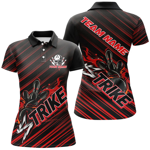 Custom Black And Red Flame Strike Bowling Shirts For Women, Bowling League Bowling Uniform IPHW7338