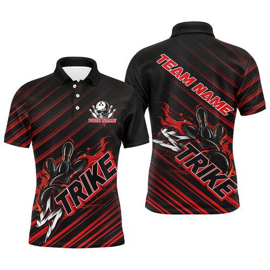 Custom Black And Red Flame Strike Bowling Shirts For Men, Bowling League Bowling Uniform IPHW7338