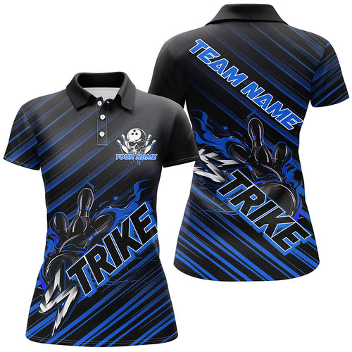 Custom Black And Blue Flame Strike Bowling Shirts For Women, Bowling League Bowling Uniform IPHW7339