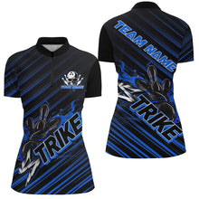 Load image into Gallery viewer, Custom Black And Blue Flame Strike Bowling Shirts For Women, Bowling League Bowling Uniform IPHW7339