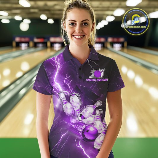 Custom Purple Thunder Lightning Bowling Polo Shirts For Women, Bowling League Shirt IPHW9793