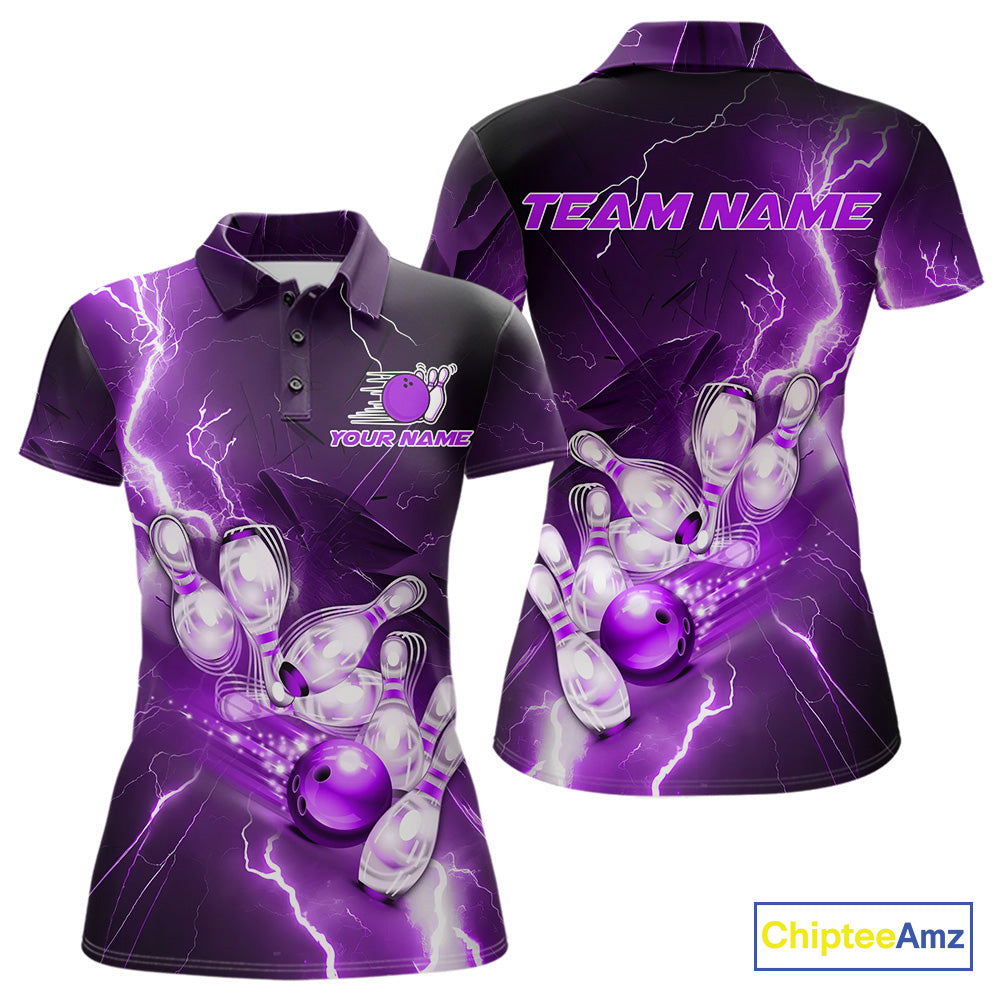 Custom Purple Thunder Lightning Bowling Polo Shirts For Women, Bowling League Shirt IPHW9793