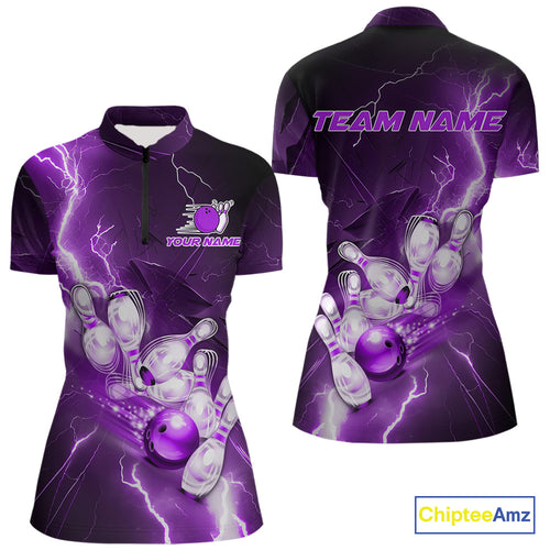 Custom Purple Thunder Lightning Bowling Quarter-Zip Shirt For Women, Bowling League Shirt IPHW9793