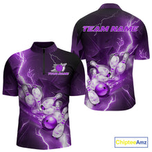 Load image into Gallery viewer, Custom Purple Thunder Lightning Bowling Quarter-Zip Shirts For Men, Bowling League Shirt IPHW9793