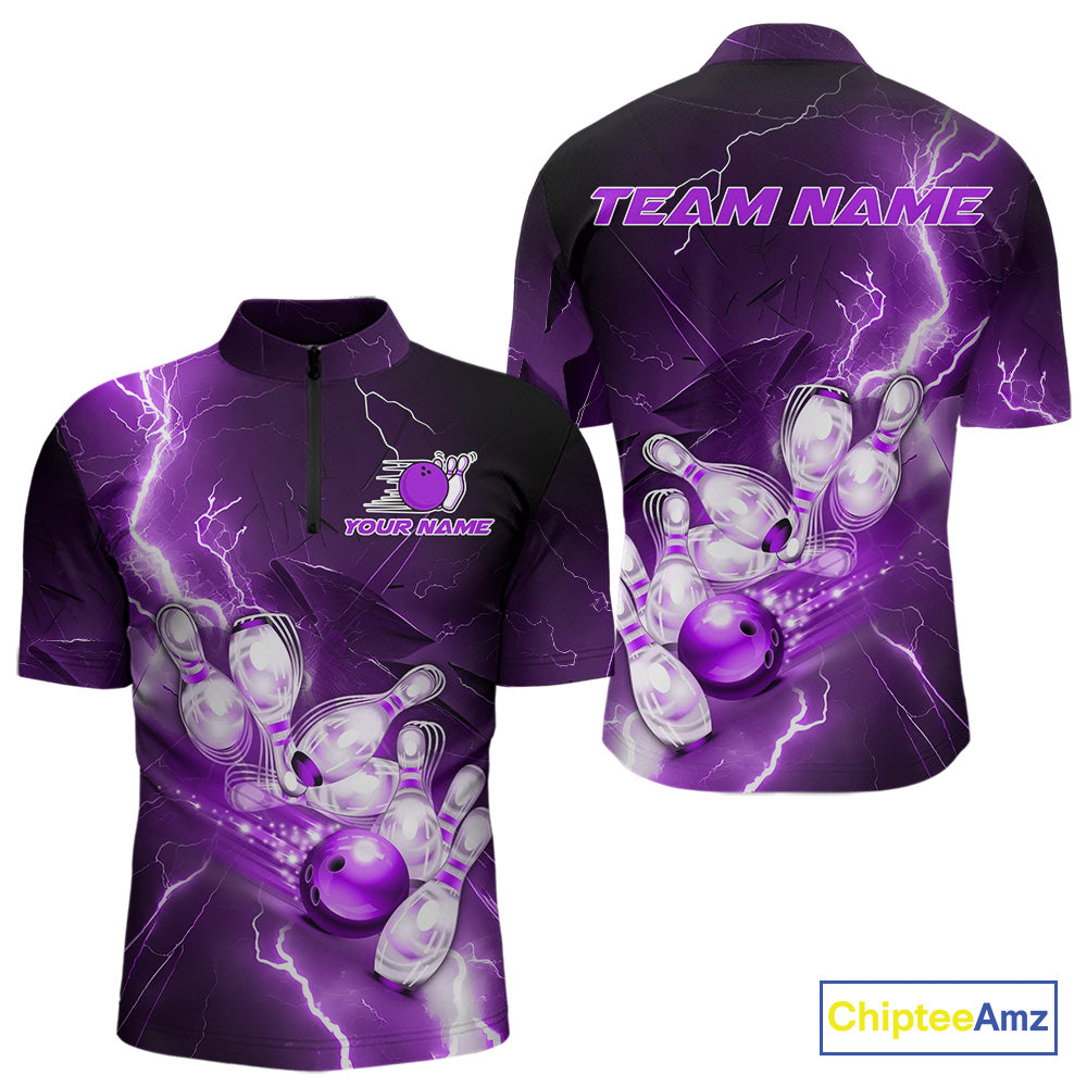 Custom Purple Thunder Lightning Bowling Quarter-Zip Shirts For Men, Bowling League Shirt IPHW9793