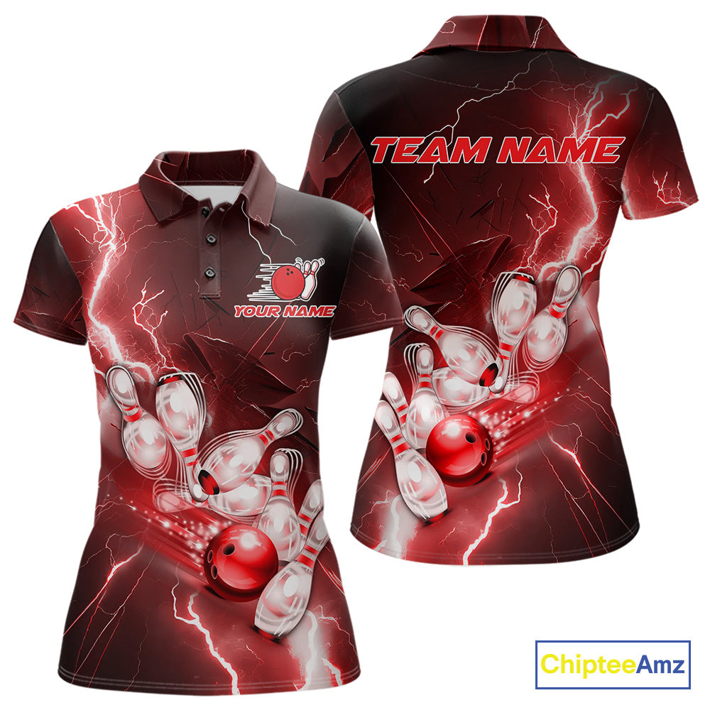 Custom Red Thunder Lightning Bowling Polo Shirts For Women, Bowling League Shirt IPHW9794