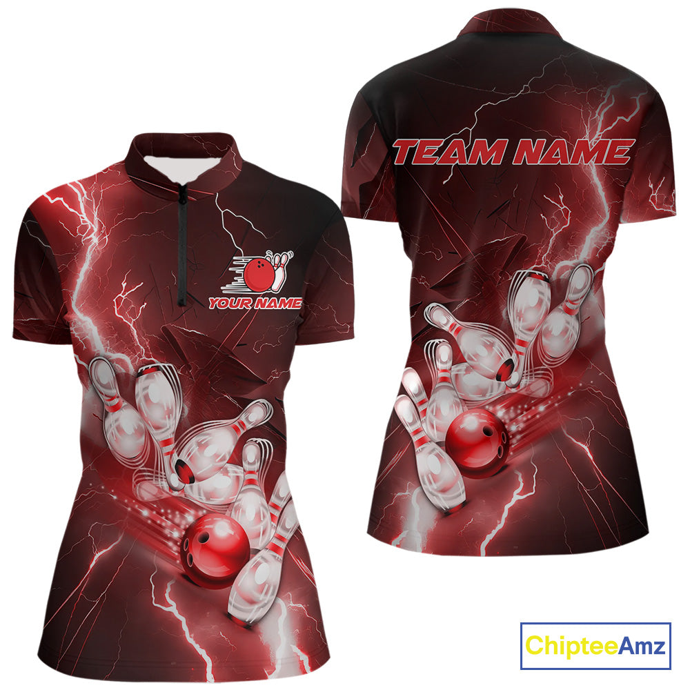 Custom Red Thunder Lightning Bowling Quarter-Zip Shirts For Women, Bowling League Shirt IPHW9794