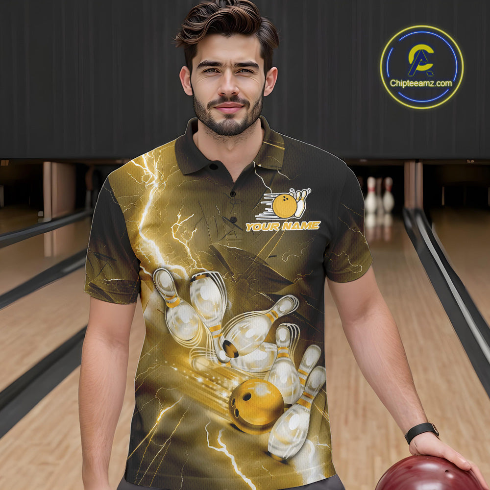 Custom Yellow Thunder Lightning Bowling Polo Shirts For Men, Bowling League Shirt IPHW9795