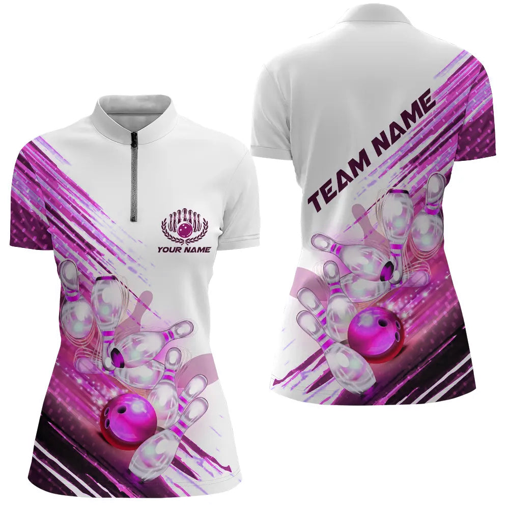 Custom Pink Bowling Quarter Zip Shirt For Women, Pink Female Bowling Shirts Bowling Uniform IPHW5372