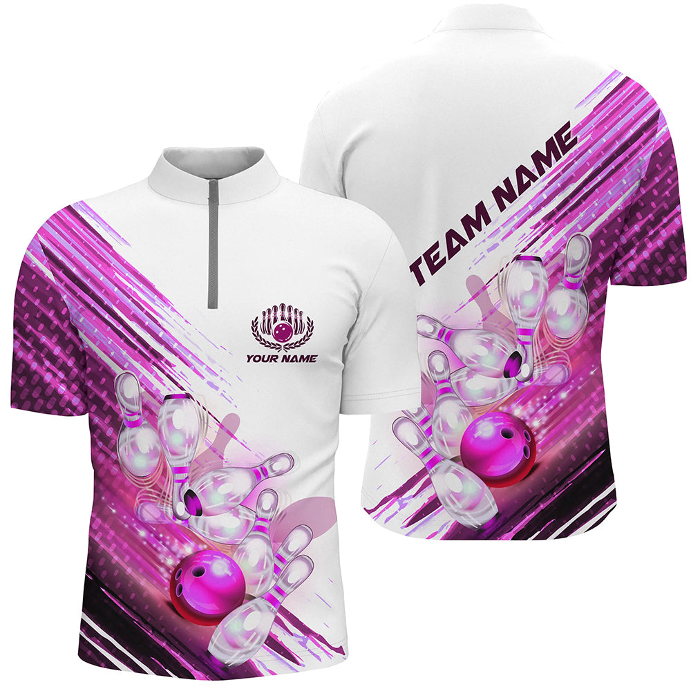 Custom Pink Bowling Quarter Zip Shirt For Men, Custom Bowling Uniforms Bowling Men'S Shirts IPHW5372