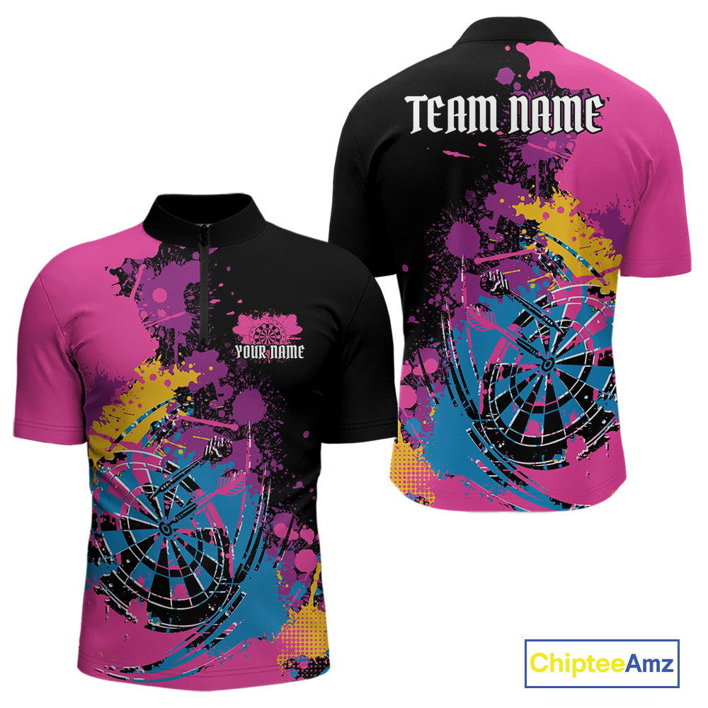 Custom Colorful Splatter Dartboard Dart Quarter-Zip Shirt For Men, Grunge Dart Team Jerseys IPHW9961