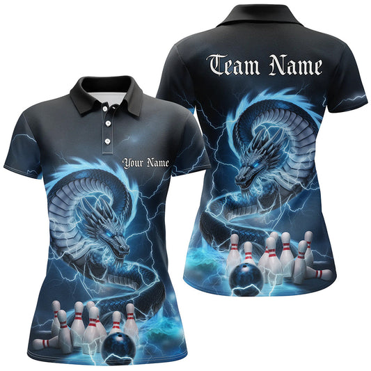 Custom Black And Blue Thunder Lightning Dragon Bowling Polo Shirts For Women Bowling Jerseys IPHW8074