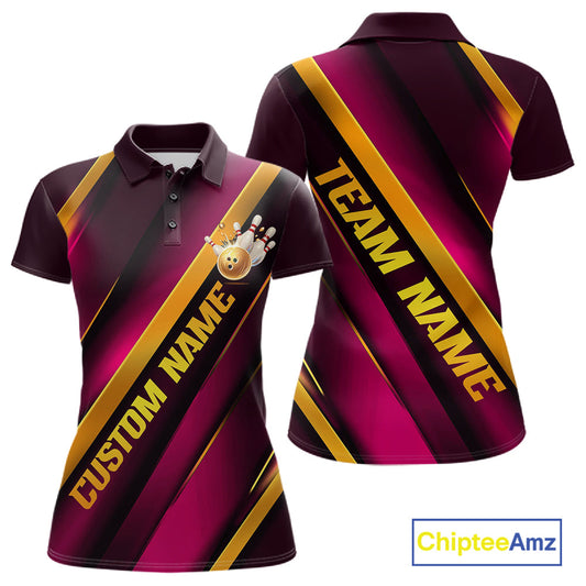 Custom Pink And Gold Bowling Tournament Shirts For Women With Name, Bowler Outfit IPHW10646