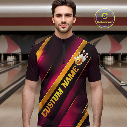 Custom Pink And Gold Bowling Tournament Shirts For Men And Women With Name, Bowler Outfit IPHW10646
