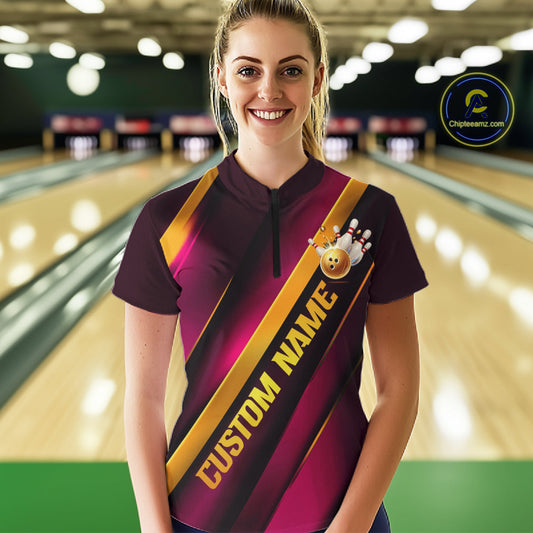 Custom Pink And Gold Bowling Tournament Shirts For Women With Name, Bowler Outfit IPHW10646
