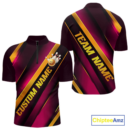 Custom Pink And Gold Bowling Tournament Shirts For Men And Women With Name, Bowler Outfit IPHW10646