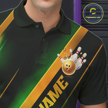 Load image into Gallery viewer, Custom Green And Gold Bowling Tournament Shirts For Men And Women With Name, Bowler Outfit IPHW10647
