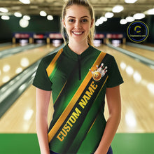 Load image into Gallery viewer, Custom Green And Gold Bowling Tournament Shirts For Women With Name, Bowler Outfit IPHW10647