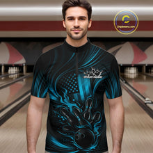 Load image into Gallery viewer, Custom Turquoise Blue Patrotic Flame Bowling Men Quarter-Zip Shirt, US Flag Bowling Team Jersey IPHW11161