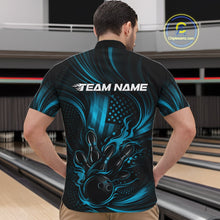 Load image into Gallery viewer, Custom Turquoise Blue Patrotic Flame Bowling Men Quarter-Zip Shirt, US Flag Bowling Team Jersey IPHW11161