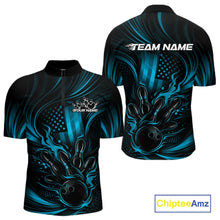 Load image into Gallery viewer, Custom Turquoise Blue Patrotic Flame Bowling Men Quarter-Zip Shirt, US Flag Bowling Team Jersey IPHW11161