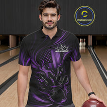Load image into Gallery viewer, Custom Purple Patrotic Flame Bowling Men Polo Shirt, US Flag Bowling Team Jersey IPHW11162