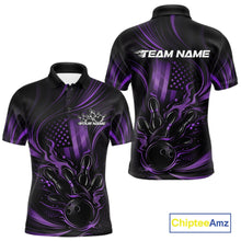 Load image into Gallery viewer, Custom Purple Patrotic Flame Bowling Men Polo Shirt, US Flag Bowling Team Jersey IPHW11162