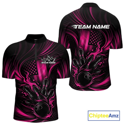 Front and back mockup of a black and pink mens bowling quarter-zip shirt featuring a patriotic flaming bowling ball knocking down pins over a distressed American flag.