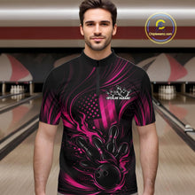 Load image into Gallery viewer, Custom Pink Patrotic Flame Bowling Men Quarter-Zip Shirt, US Flag Bowling Team Jersey IPHW11163