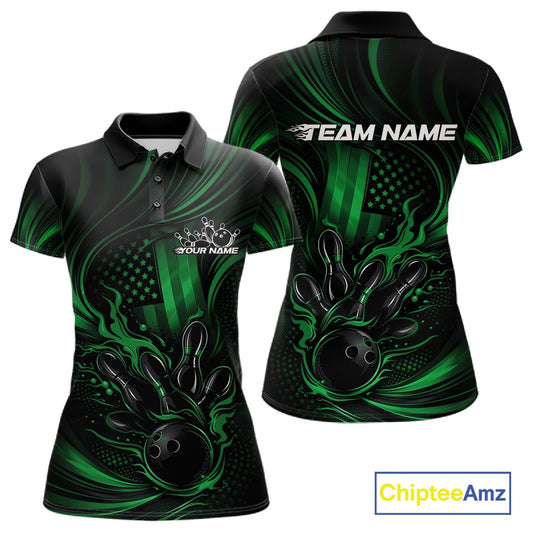 Front and back view of a black and green womens bowling polo shirt featuring patriotic flames, a bowling ball striking pins, and a distressed American flag theme.