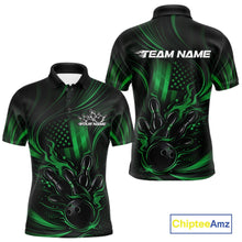 Load image into Gallery viewer, Custom Green Patrotic Flame Bowling Men Polo Shirt, US Flag Bowling Team Jersey IPHW11164